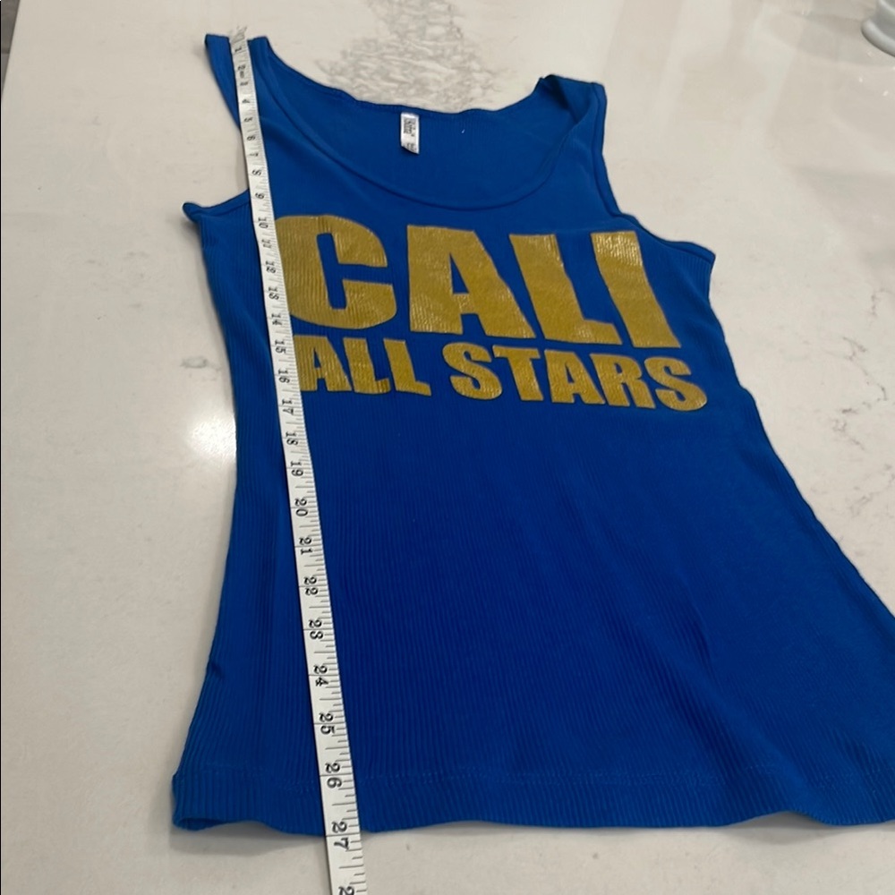 Blue rubbed California Allstars Tank Top with Yellow Print - Picture 4 of 5
